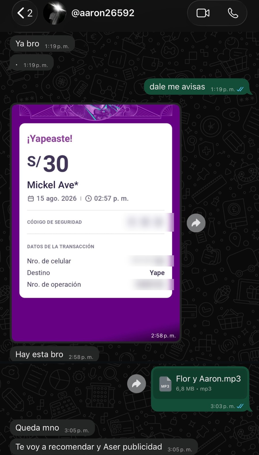 Conversación real de WhatsApp con Aaron tras recibir su canción