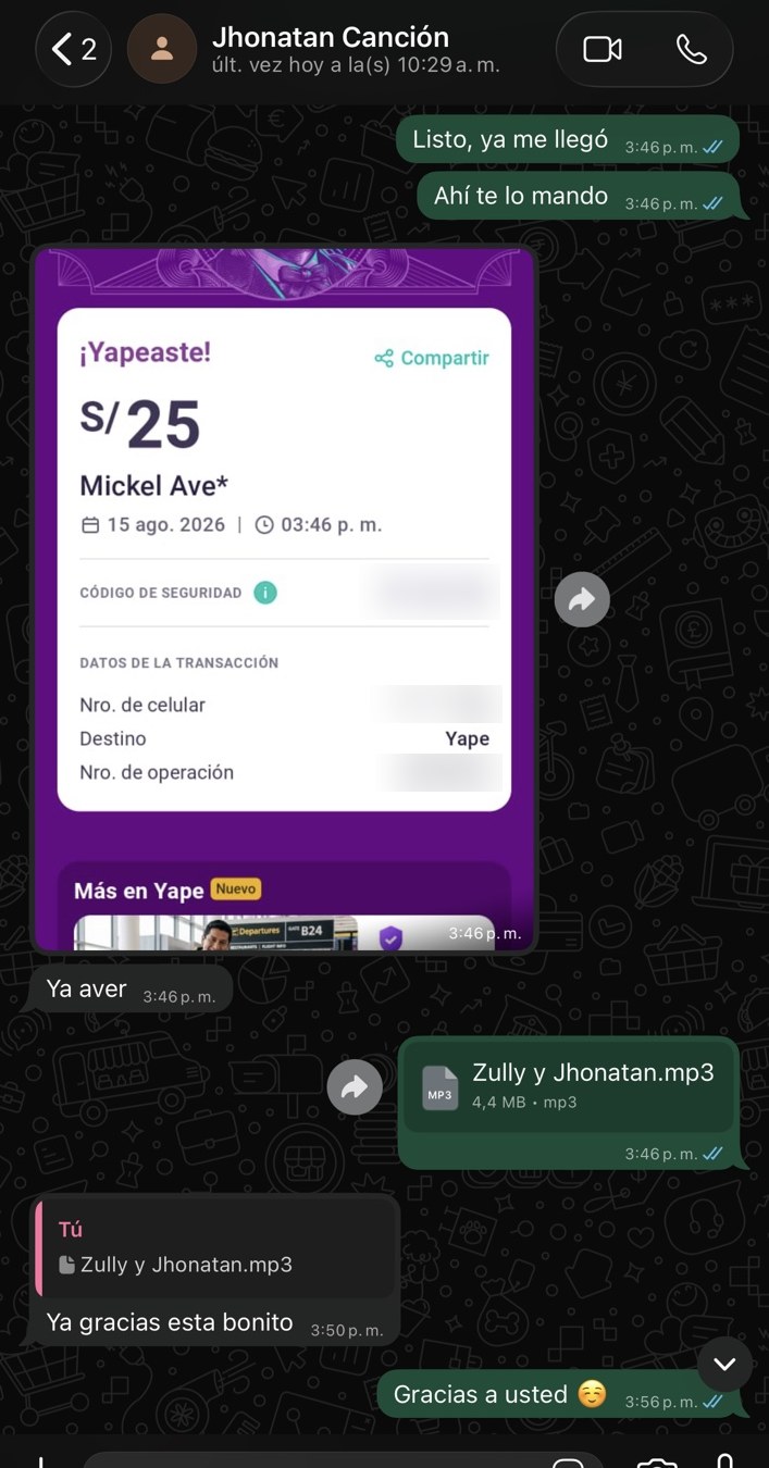 Conversación real de WhatsApp con Jhonatan tras recibir su canción