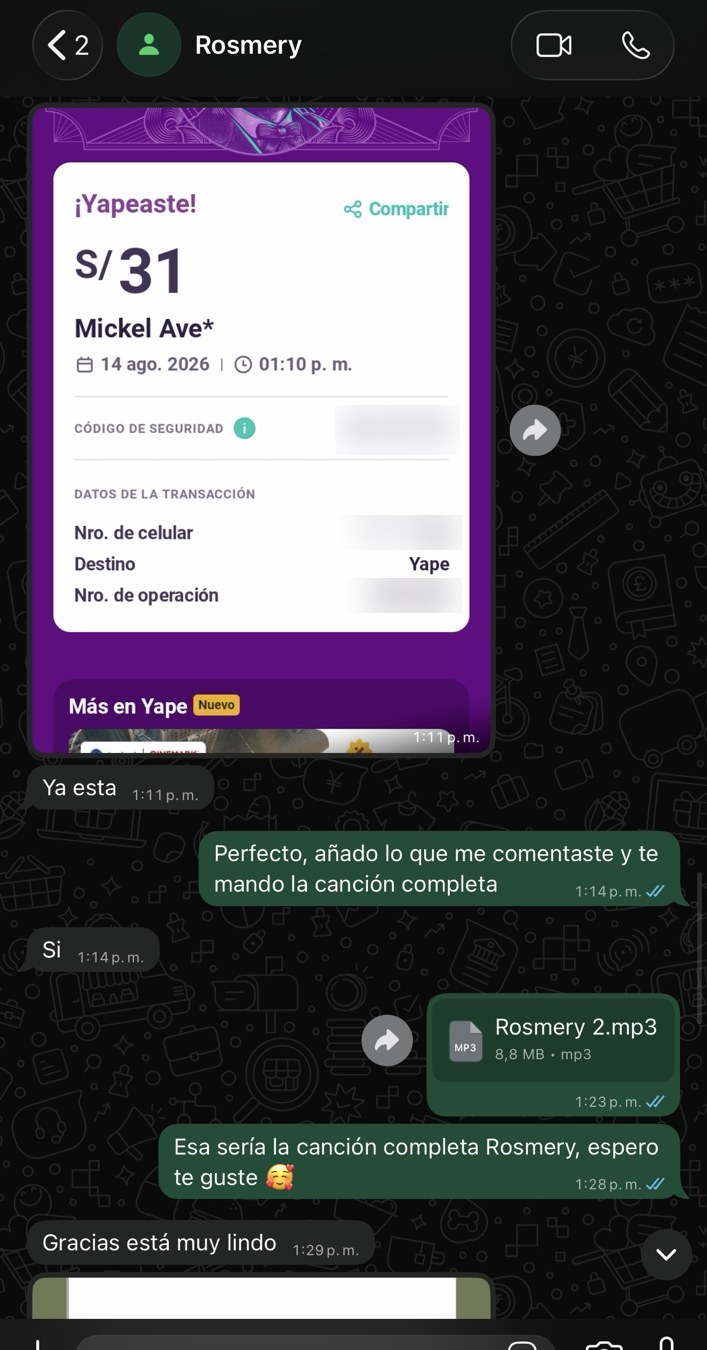 Conversación real de WhatsApp con Rosmery tras recibir su canción